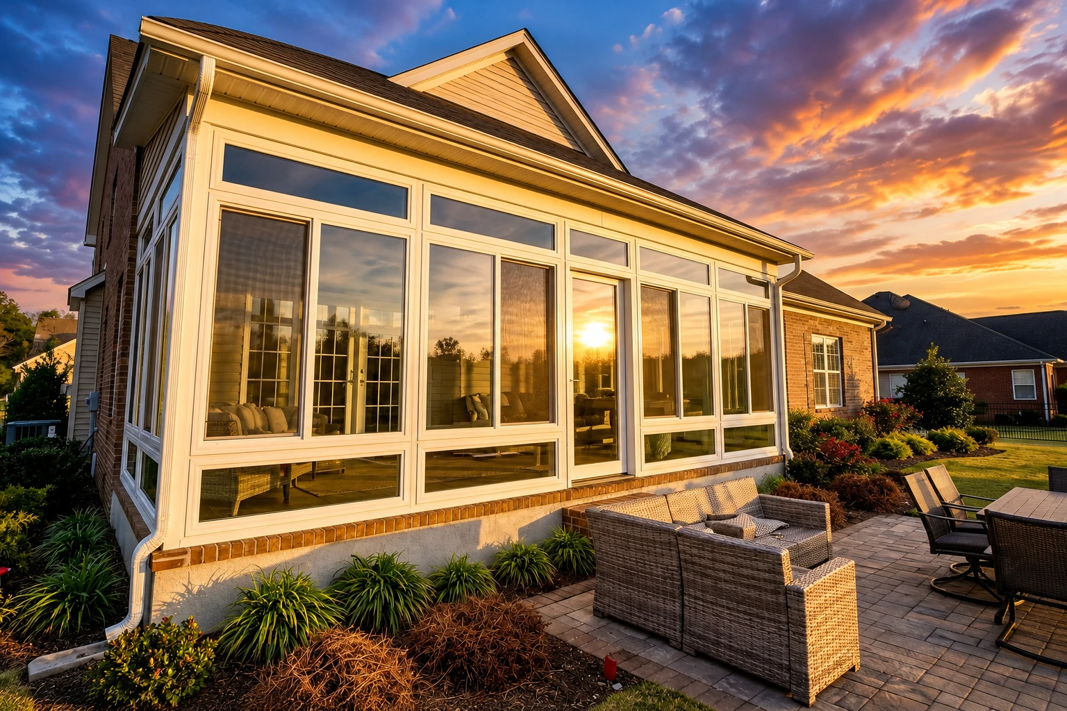 White-framed all-season sunroom glowing at sunset, with a brick base and outdoor seating on a paved patio.