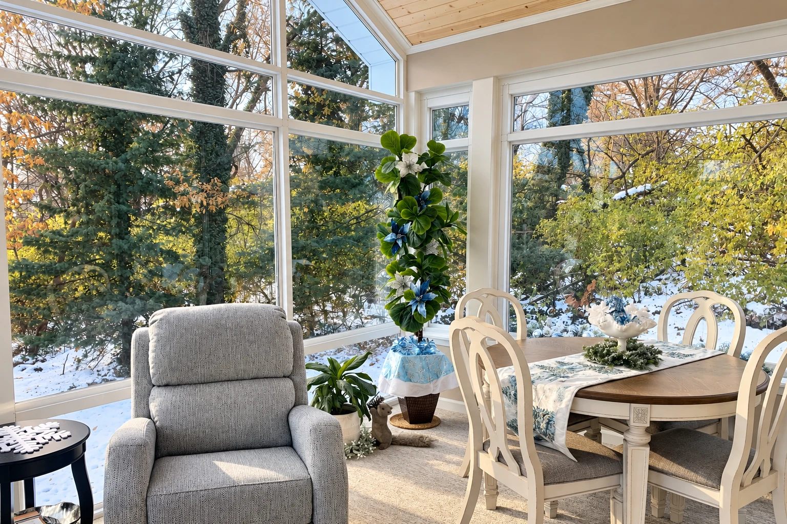 Custom sunroom with large windows overlooking a snowy garden, furnished with a dining table and gray armchair.
