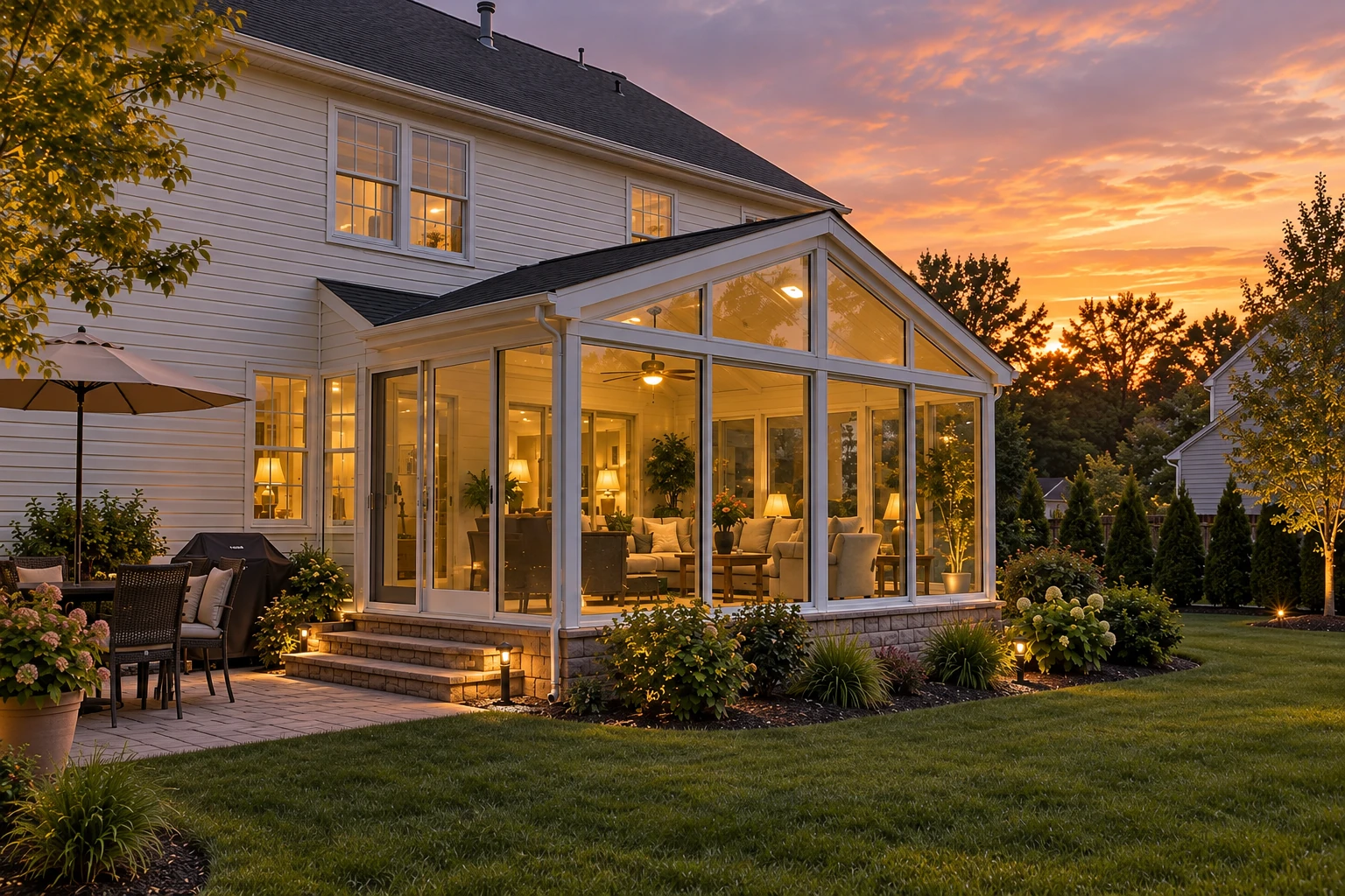 Glass sunroom attached to a white-sided home, with a peaked roof and warmly lit interior at sunset.