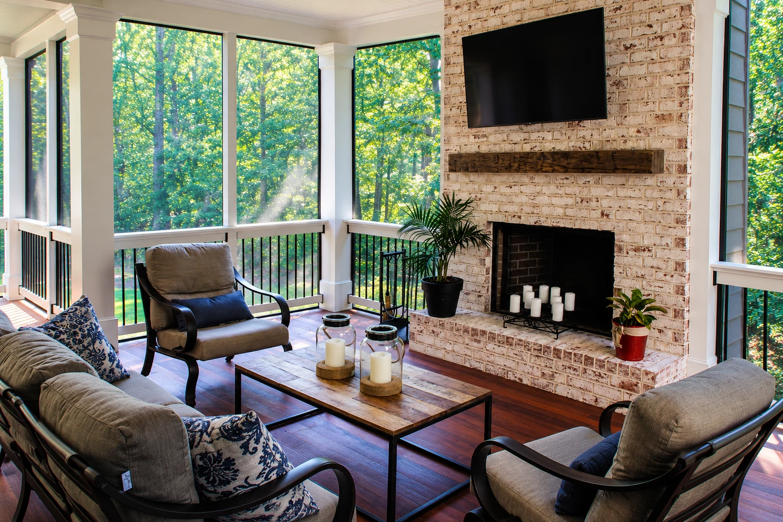 Bright sunroom with floor-to-ceiling windows, a brick fireplace, and cushioned chairs facing a wooded view.