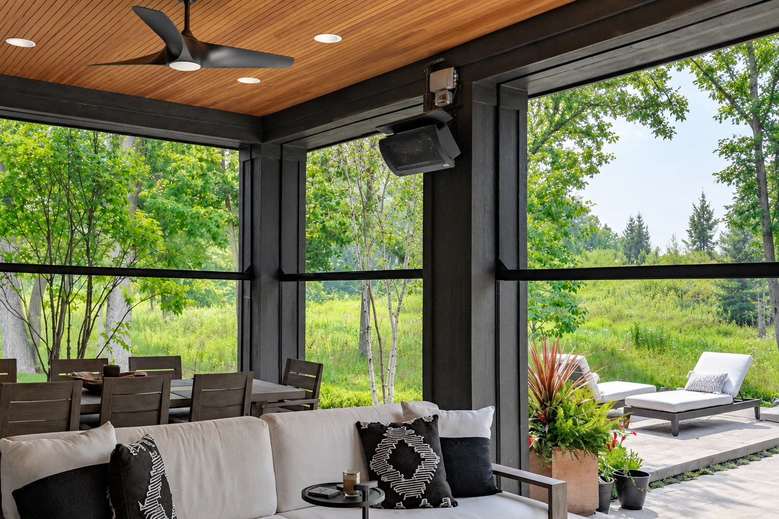 Enclosed patio room with dark framing, a wood ceiling, dining table, and cushioned seating beside a garden.