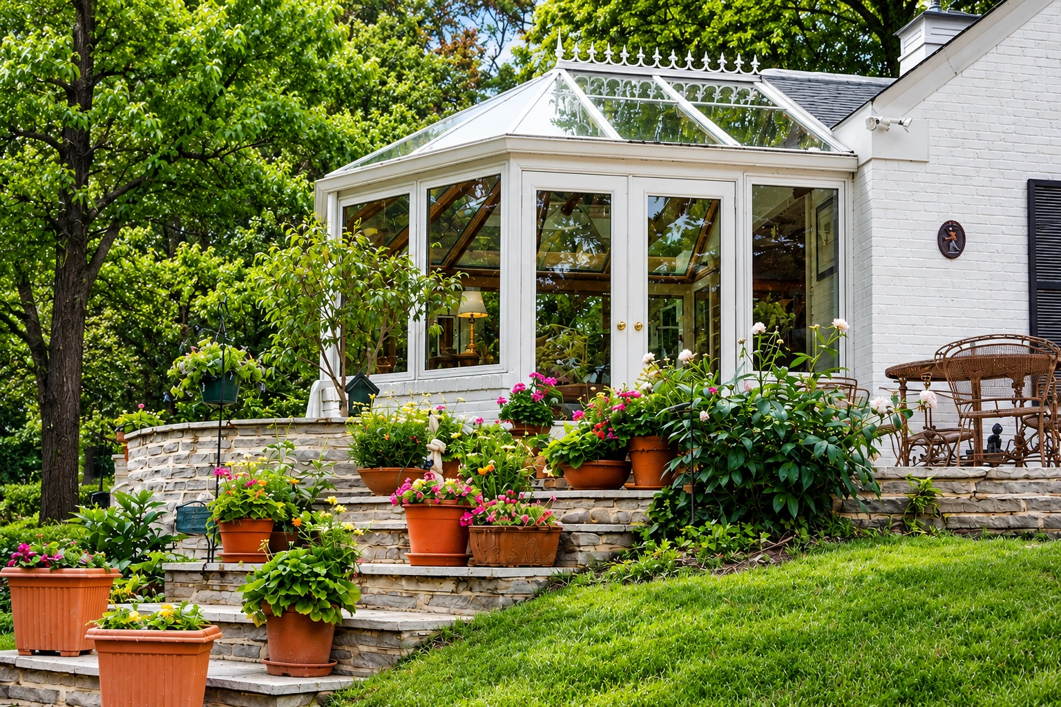 White four-season sunroom with a glass roof, surrounded by trees, stone steps, and flowering potted plants.