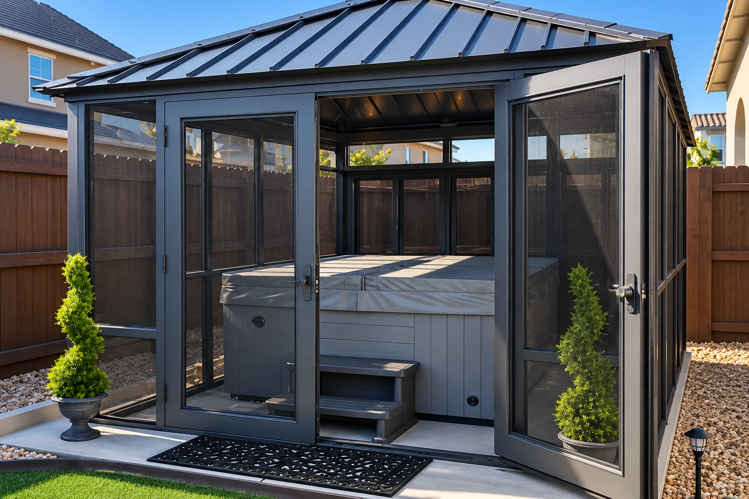 Dark-framed patio enclosure with a metal roof and open doors surrounding an outdoor hot tub.