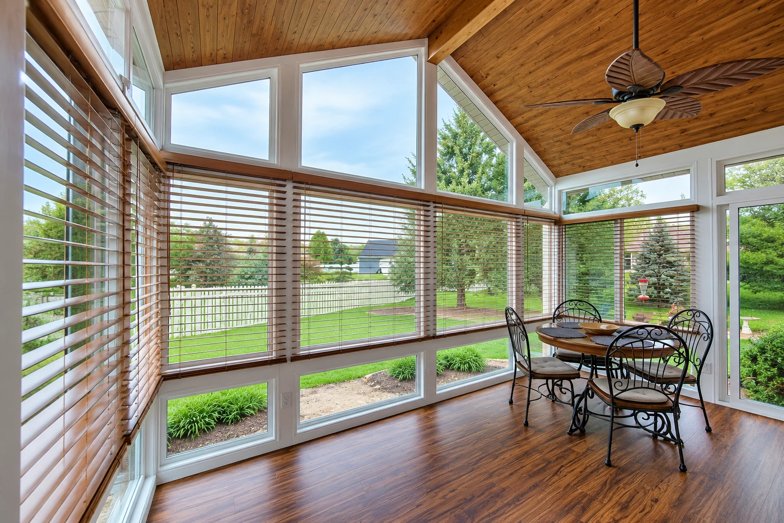 Sunroom with a wood-paneled vaulted ceiling, broad windows with blinds, and a metal dining set.