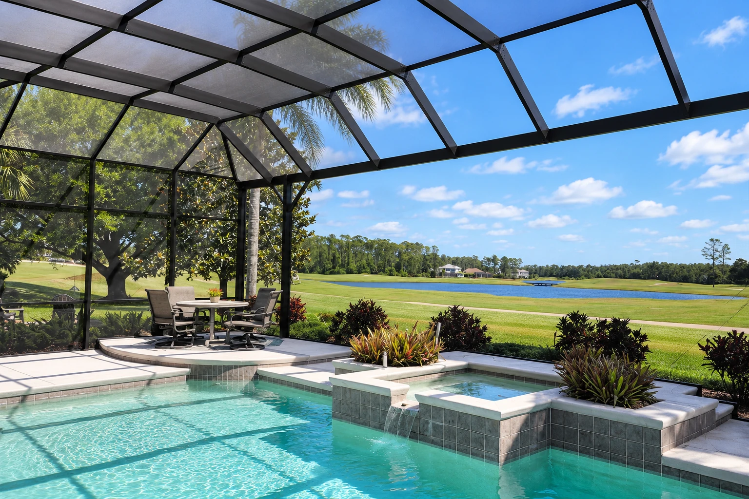 Screen room with a dark grid frame encloses a swimming pool, with patio seating and a lake view.