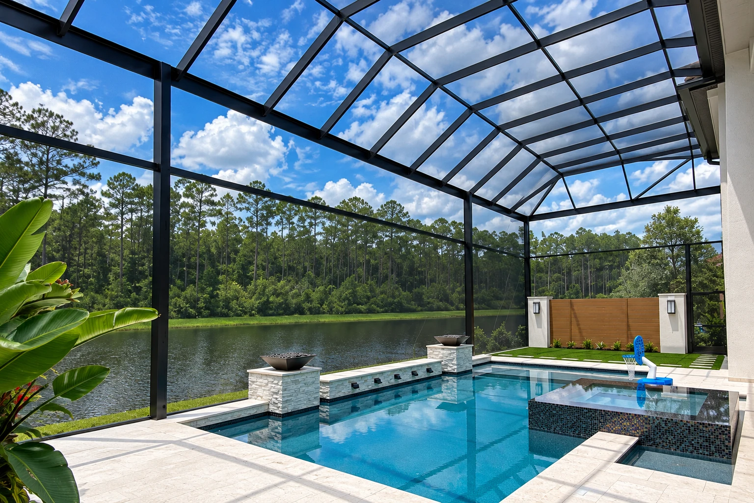 Screened pool enclosure with a black metal frame and transparent roof, overlooking a lake and tree line.