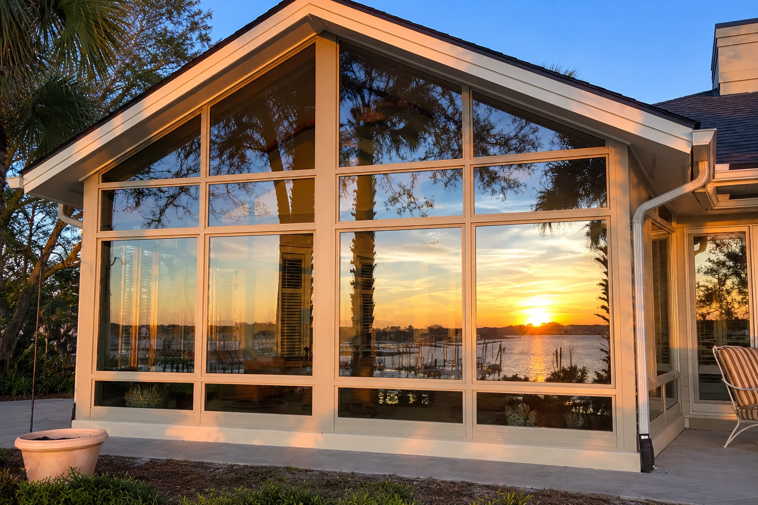 Glass solarium with a peaked roof and white frames reflecting a sunset over the water.