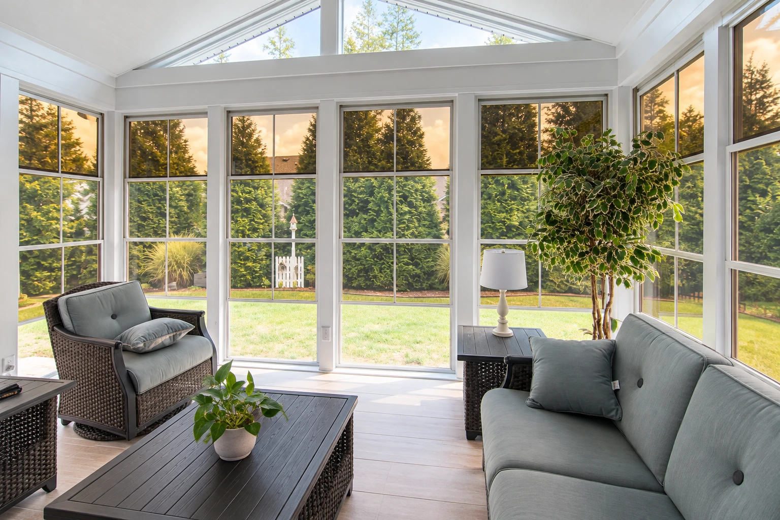 Bright sunroom with white framing, expansive windows, gray wicker seating, and a leafy view outside.