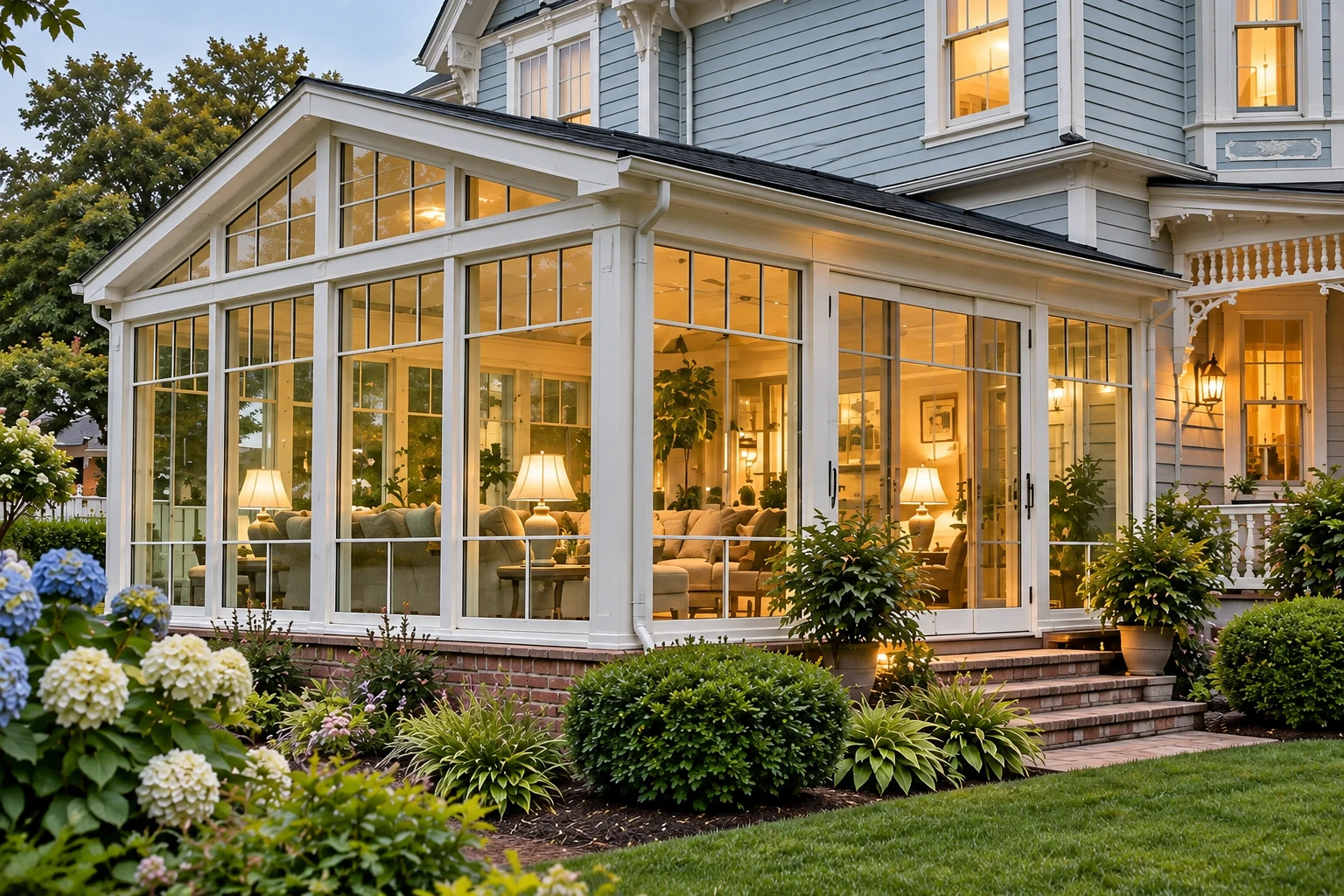 Glass sunroom addition with white framing and warm interior lights, set beside a landscaped garden.