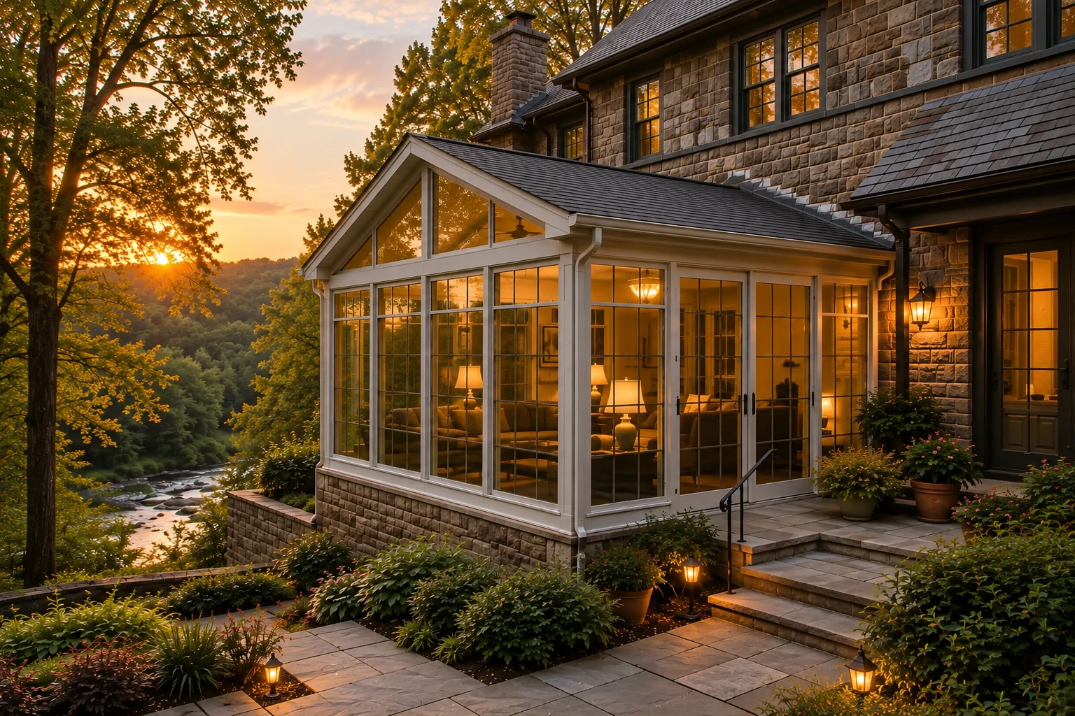 Glass-enclosed sunroom attached to a stone house, glowing warmly at sunset beside a wooded stream.