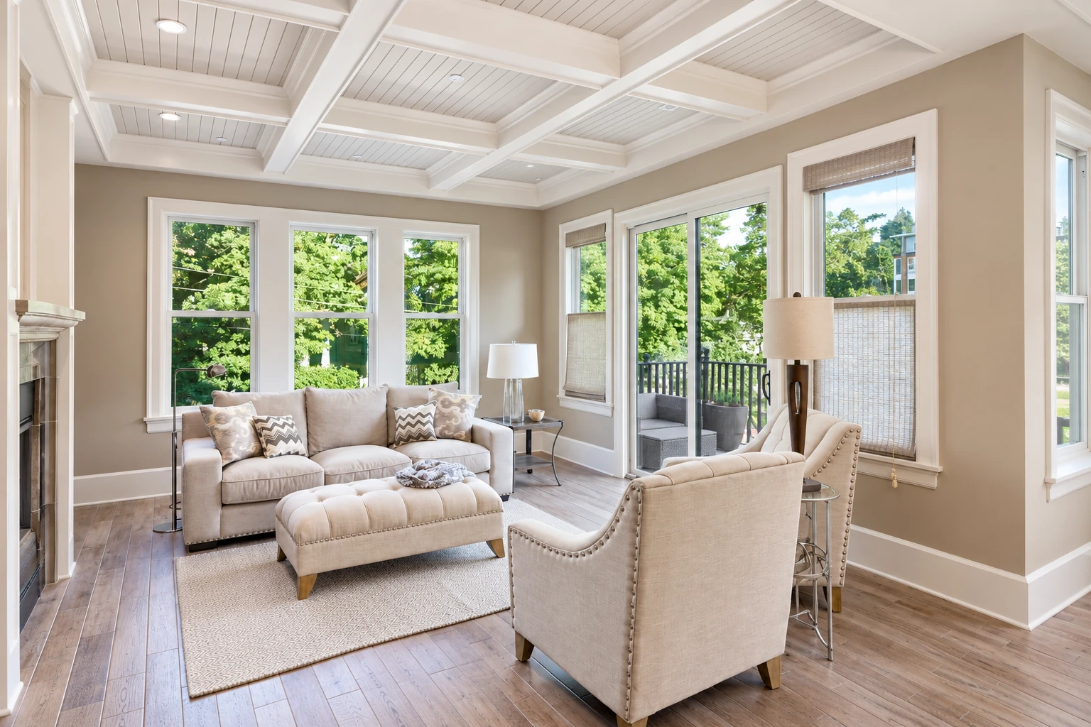 Bright sunroom with a white-beamed ceiling, large windows, and neutral sofas and armchairs.