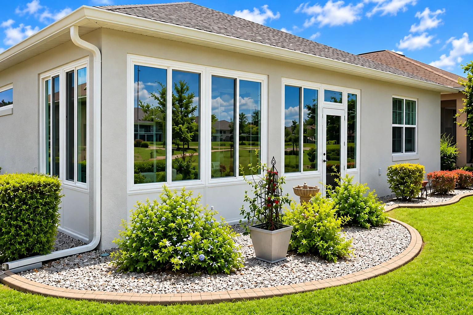 Three-season sunroom with broad white-framed windows along a stucco house, bordered by shrubs and a landscaped stone bed.