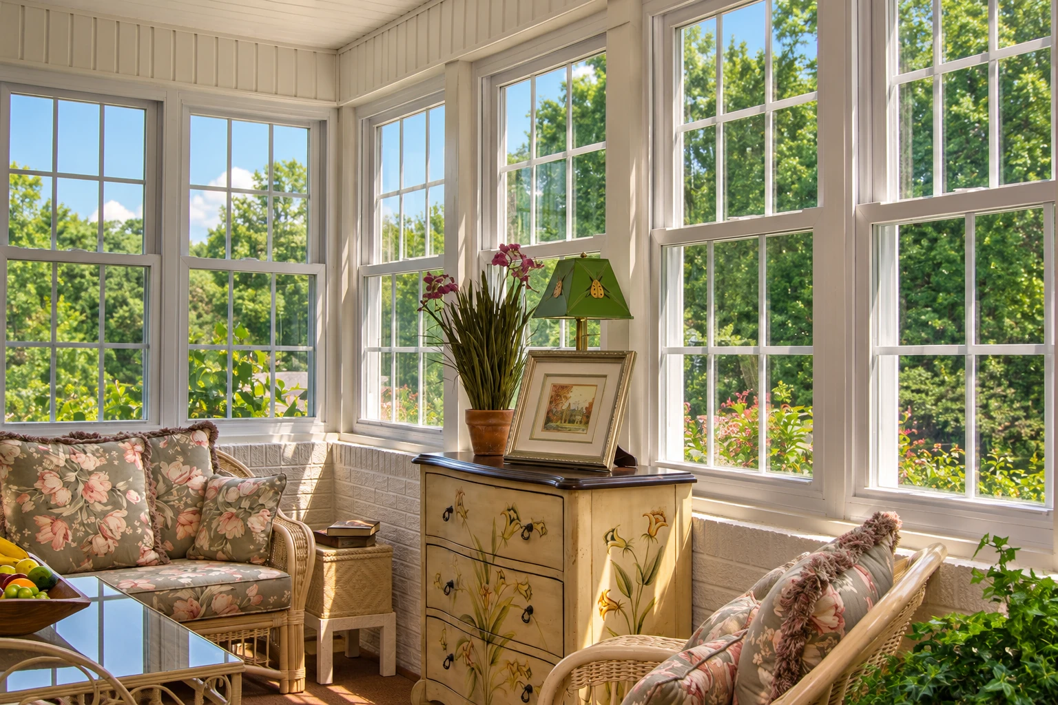Bright sunroom interior with white grid windows, floral wicker seating, a painted cabinet and leafy garden views.