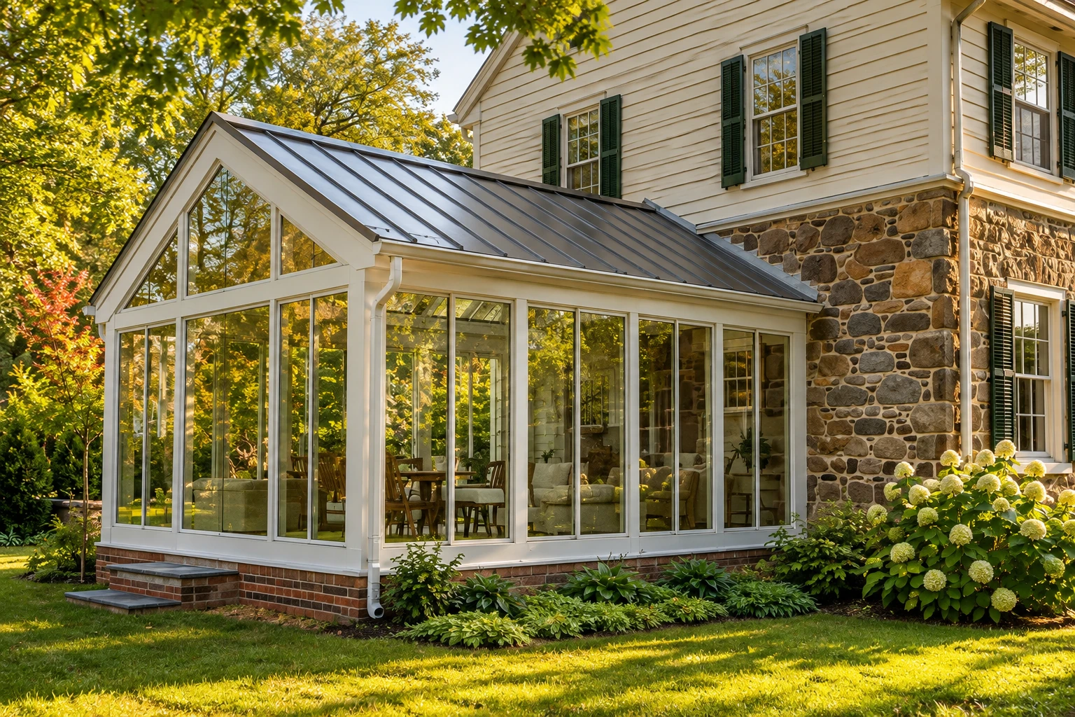White vinyl sunroom with a peaked metal roof and expansive windows, attached to a stone-and-siding house in a garden.